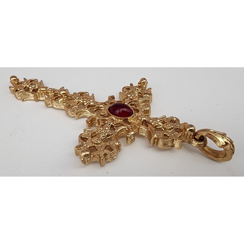 1970s Avon Signed Red Cabochon Cross Pendant Large 2 3/4" Gothic Vintage - Picture 5 of 10